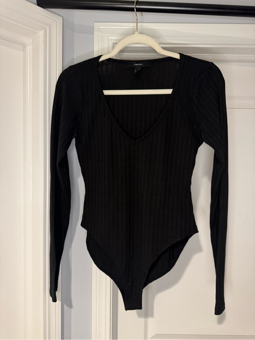 Forever 21 Black Ribbed V-Neck Long Sleeve Bodysuit